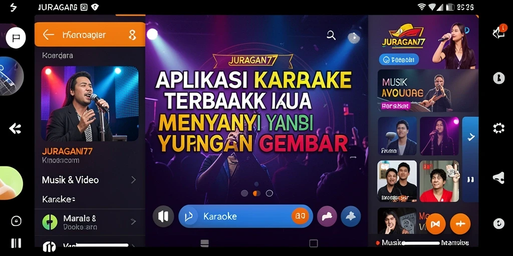 Tampilan antarmuka aplikasi JURAGAN77 dengan fungsi Karaoke yang menarik.